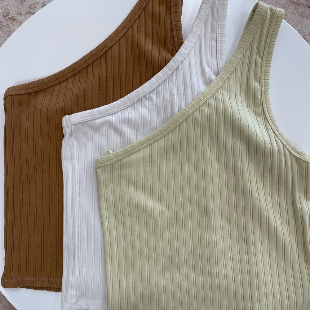 American Eagle Outfitters One-Shoulder Ribbed Tank — Brown, White & Sage